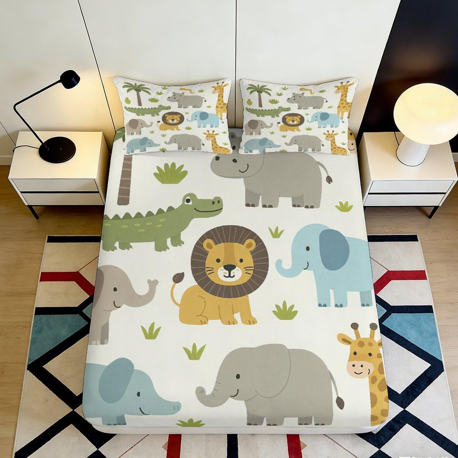 3D Printed Safari Animals Fitted Sheet Microfiber Soft Breathable Jungle Pattern Bed Cover for Bedroom Dormitory Guest Room Mattress Protection 180x200x25cm