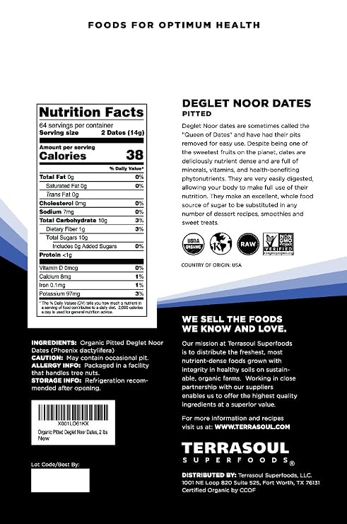 Terrasoul Superfoods Organic Deglet Dates, 2 Lbs - Pitted | Fresh | Natural Sweetener