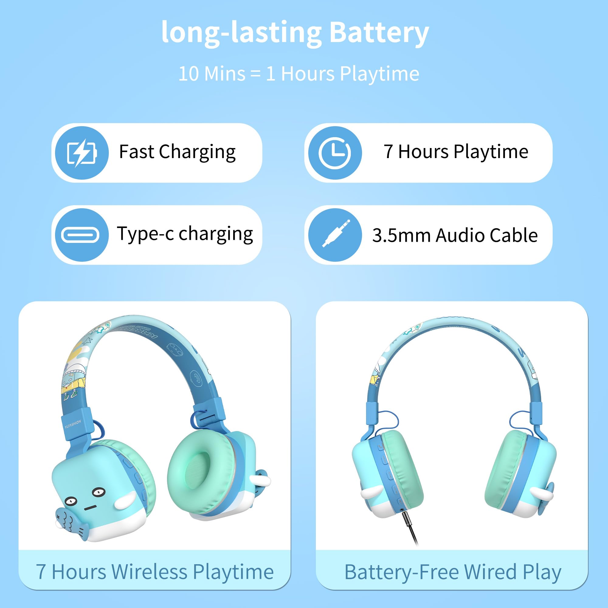 Auriculares Bluetooth para niños, inalámbricos y con cable, micrófono integrado, volumen limitado, cómodos y plegables, Bluetooth 5.4, azul