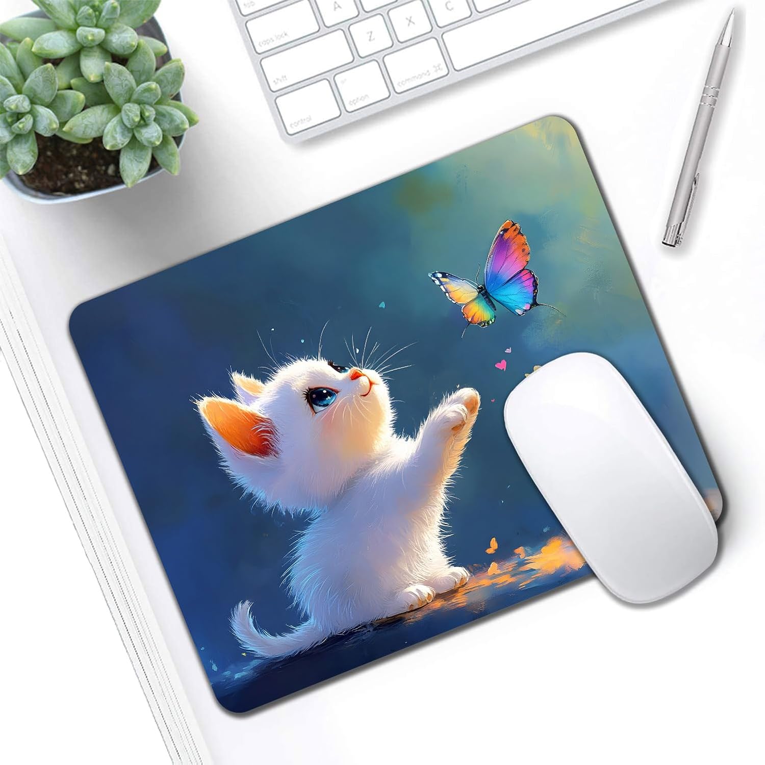 Cute Cat Mouse Pads for Desk, 9.5" x 7.9" Portable Small Computer Mouse Pad for Women Kawaii Kitten Mousepad, Non-Slip Rubber Base Cartoon Butterfly Mousepads with Design for Laptop, Home & Office