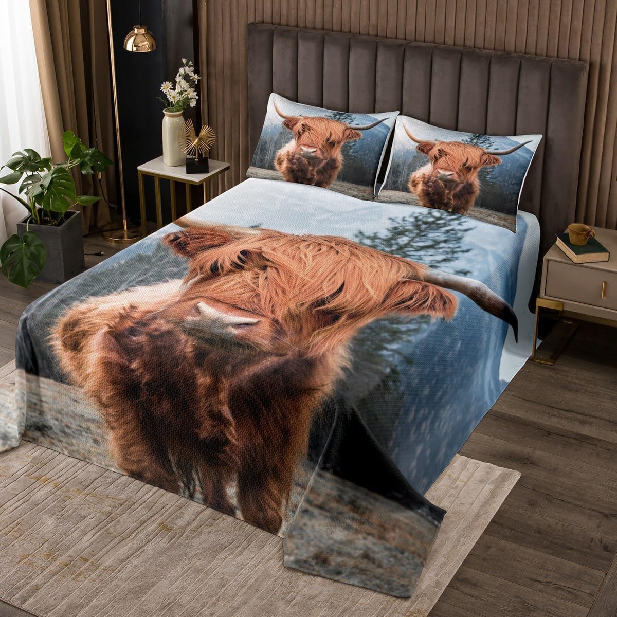 Erosebridal Highland Cow Quilt Set King Size Natural Western Wildlife Bedspread Set Animal Cow Cattle Bedroom Decor Botanical Trees Coverlet Set Farmhouse Woodland Bed Set