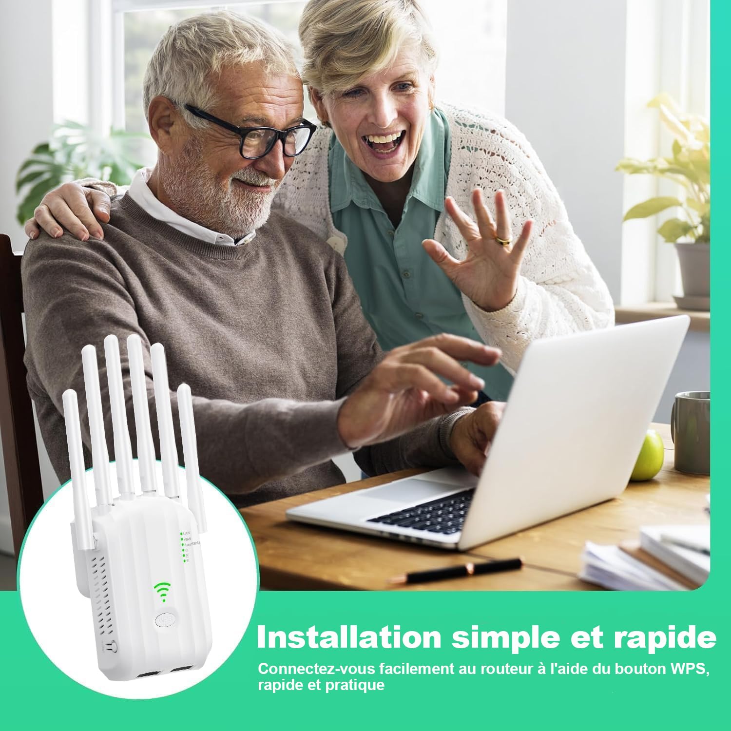 Repeteur WiFi Puissant, Amplificateur WiFi, Répéteur WiFi avec 6 Antennes, 2 Ports LAN, Répéteur/Routeur/AP Mode, Couverture Jusqu'à 300 m², Couverture Complète à 360°, pour la Maison et Le Bureau