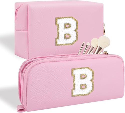 Bolsa de maquillaje personalizada con parche de letra inicial, bolsa de cosméticos con cremallera, 2pcak-rosablanco-letra