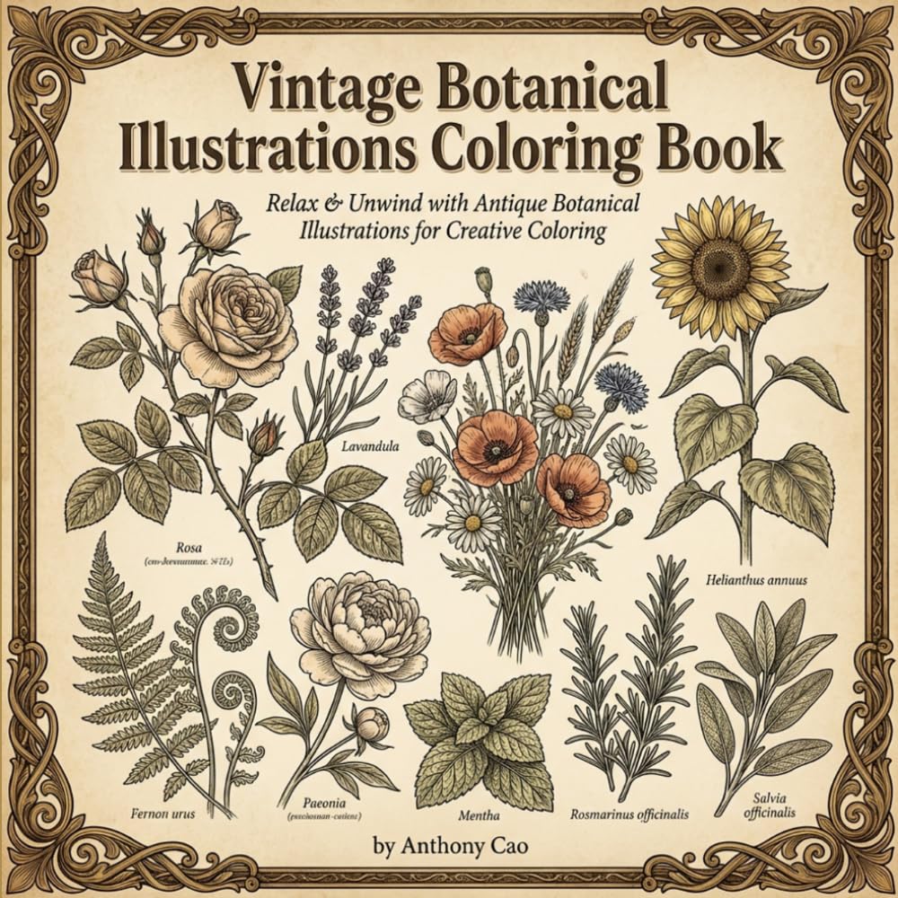 Vintage Botanical Coloring Book: Elegant Flowers, Leaves & Garden Plants: Relax & Unwind with Antique Botanical Illustrations for Creative Coloring