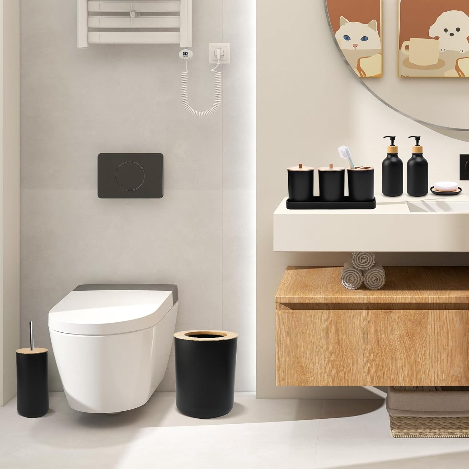 Bathroom Accessories Set, Bathroom Set, 9 Pcs Black Bathroom Accessory Set, Complete with Trash Can, Soap Dispenser, Toothbrush Holder, Toilet Brush, Qtip Holder, Vanity Tray, Soap Dish