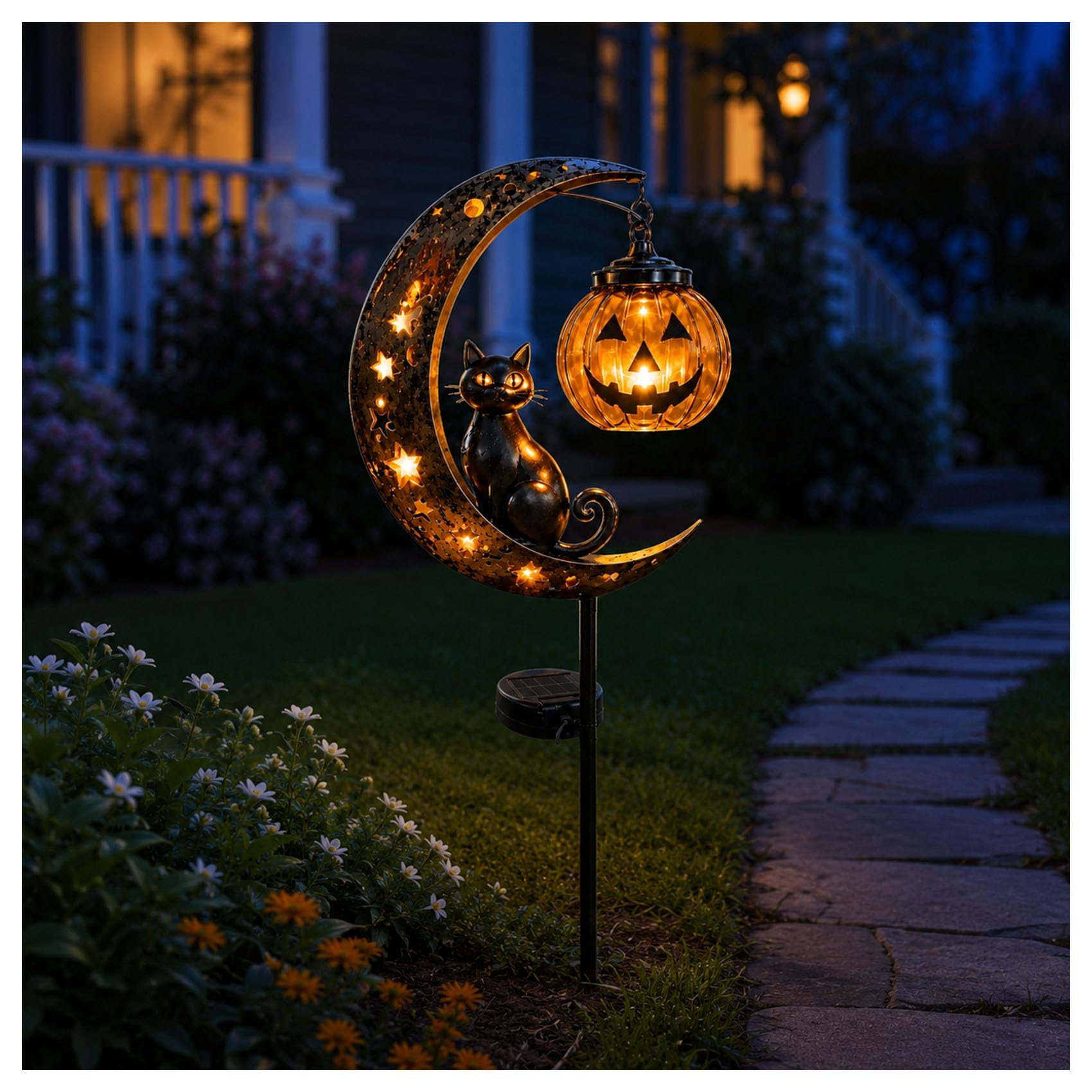 Jeeeun Solar Halloween Black Cat & Pumpkin Moon Garden Stake Light, Waterproof Iron Outdoor Decor for Yard, Lawn, Walkway, Patio and Porch (#A)