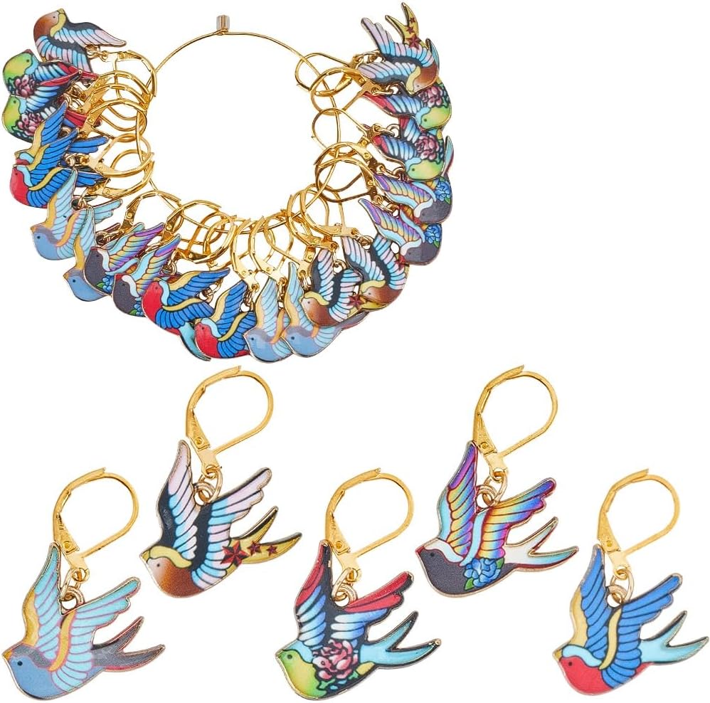 SUNNYCLUE 1 Box 18Pcs 6 Styles Stitch Markers Birds Charms With Clasp Bulk Colorful Alloy Enamel Bird Animal Locking Crochet Leverback Charms for Crocheting Quilting Weaving Sewing Zipper Accessorie