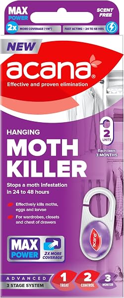 Acana Hanging Moth Killer 2 pack For Wardrobes - Max Performance - Kills in 24 to 48 Hours - Protects Clothing & Bedding - 1