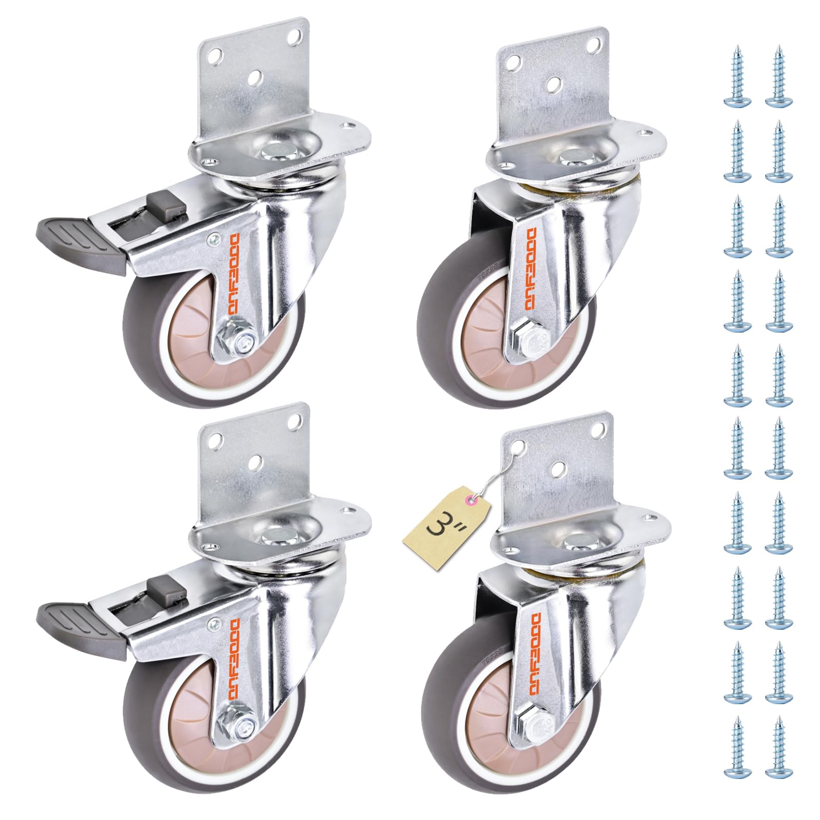 L-förmige Lenkrollen, 7,6 cm (3 Zoll), Schwerlast-Seitenmontage, mit Bremse, Werkbankrollen, Möbelrollen, 4er-Pack, kugelgelagert, schwenkbar, Tragkraft 300 kg (660 lbs) für Möbel, Schränke, Tische,