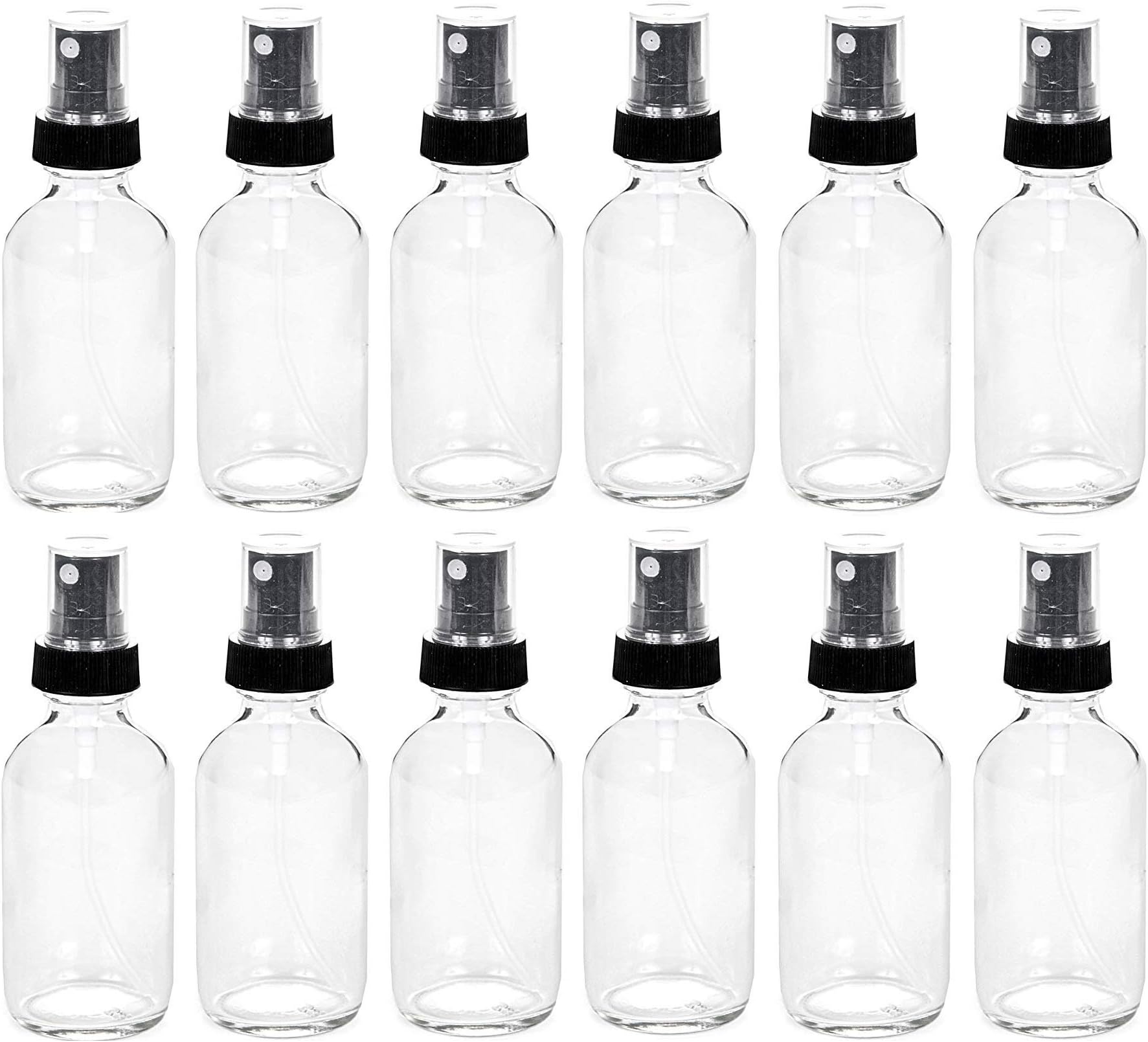 Premium Vials, 12, Clear, 1 oz Glass Bottles, with Black Fine Mist Sprayers (Clear)