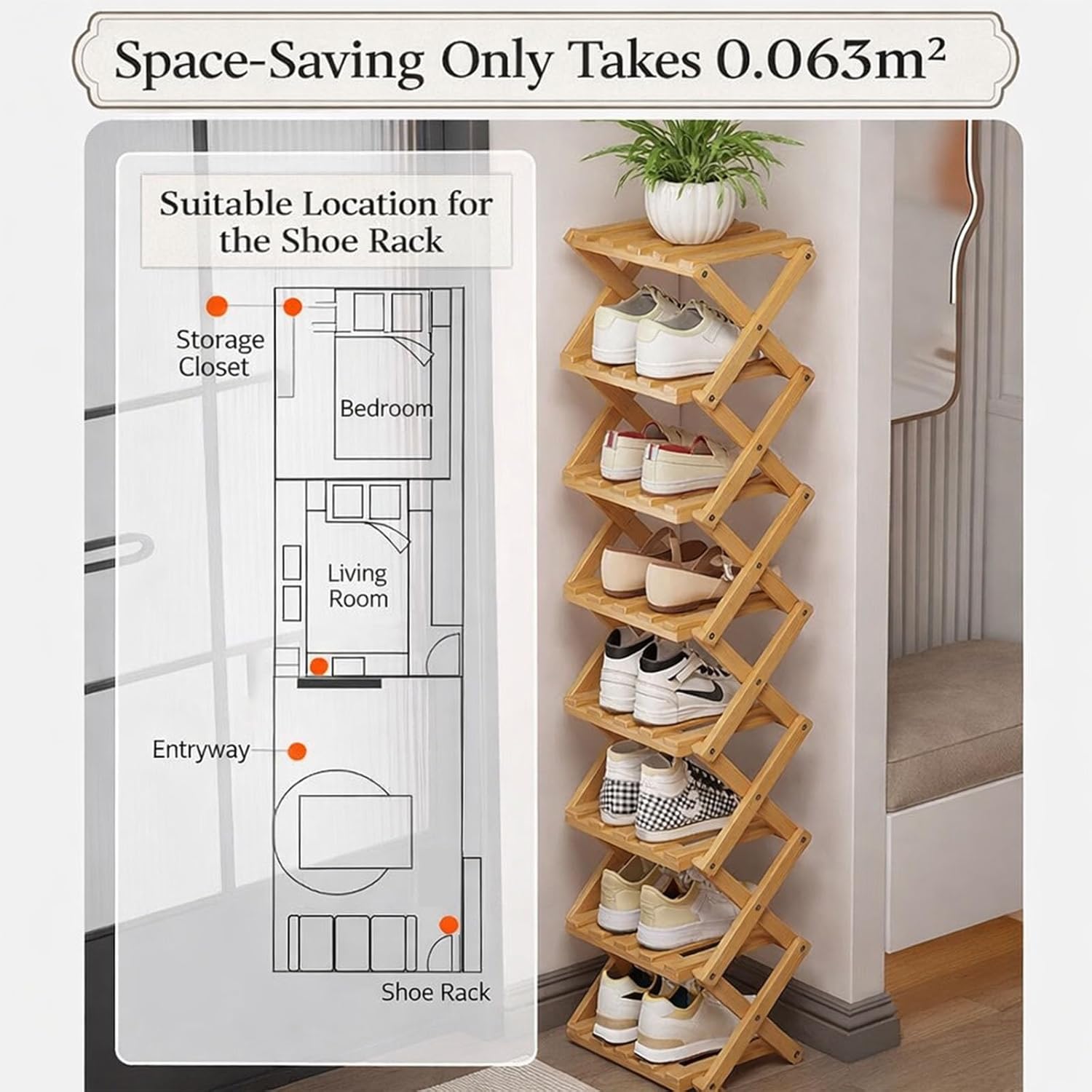9-Tier No-Assembly Bamboo Shoe Rack, Folding Collapsible Shoe Organizer Shelf, Tall Narrow Space-Saving Rack for Entryway Closet Bedroom (Primary Color-5 Floors)