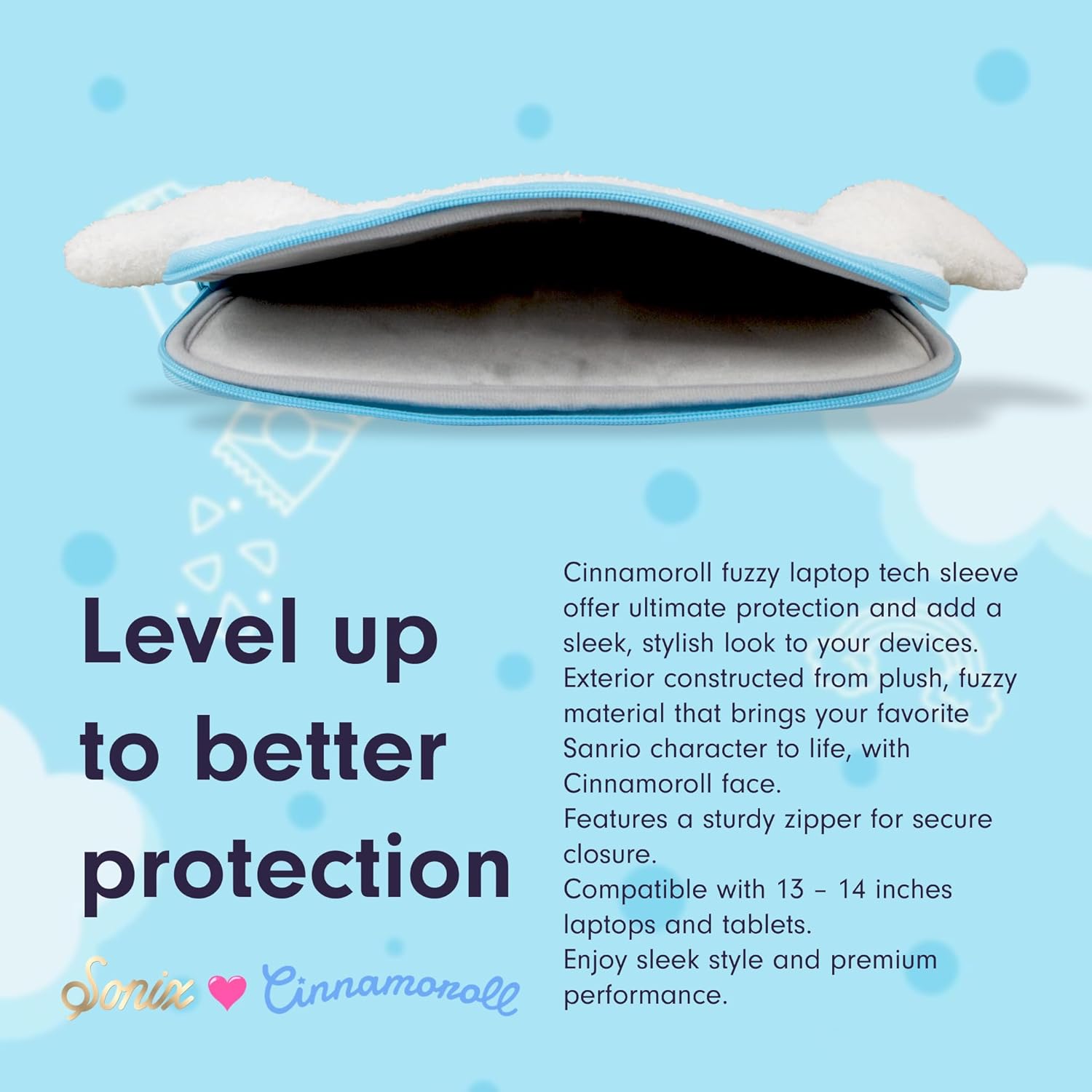 Sonix x Sanrio Plush Tech Sleeve | 14 inch Fuzzy Laptop Computer and iPad Tablet Carrying Case Cover, Protective Travel Bag | White - 13" - 14" | Cinnamoroll