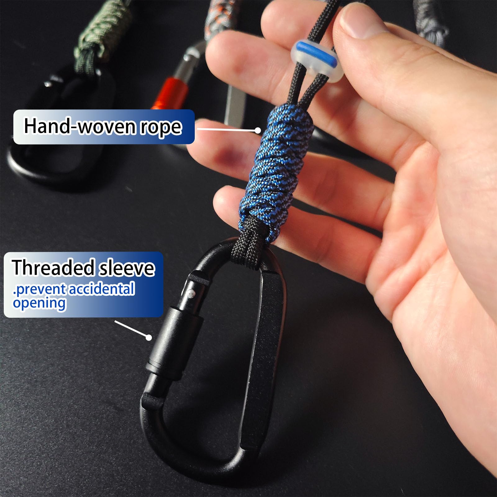 Brelok Paracord / klips z karabińczykiem – metalowy haczyk z pierścieniem Jaymokes D na butelkę z wodą, klucze, plecaki i nie tylko