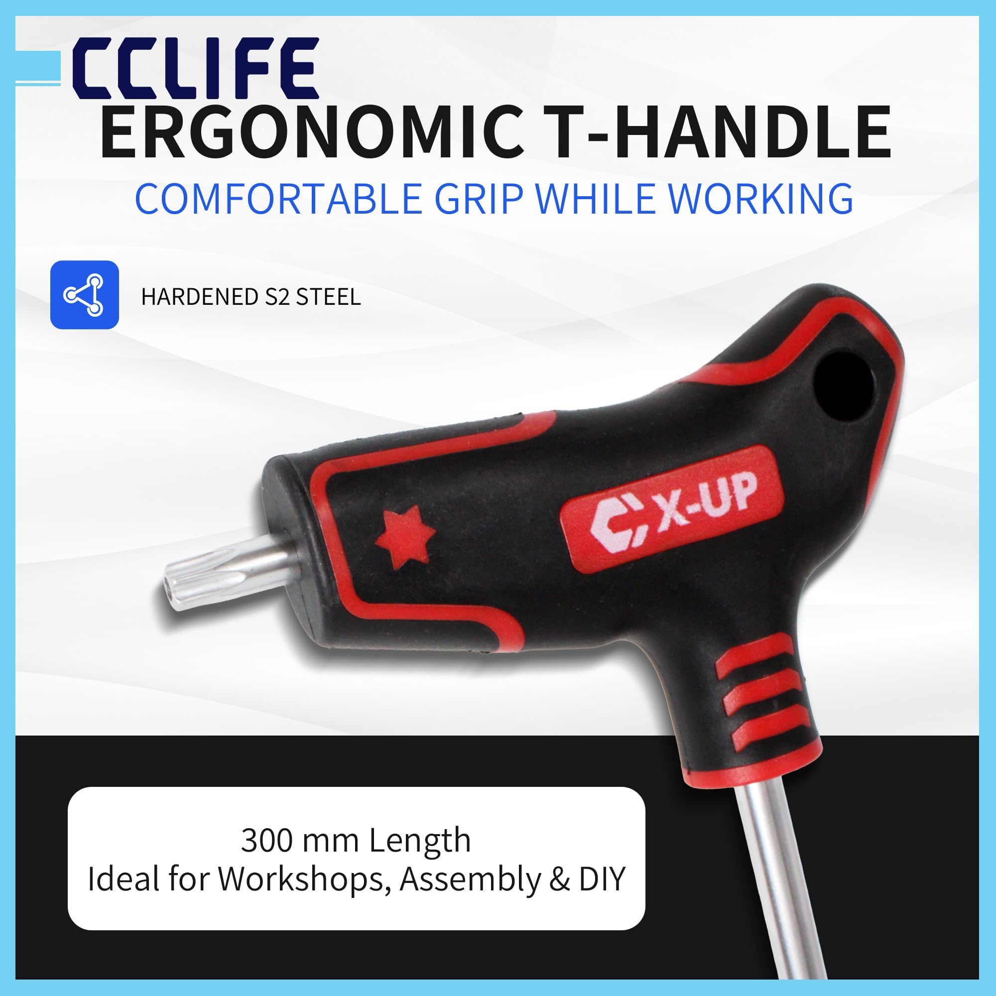 CCLIFE Torx zestaw kluczy z uchwytem T T10-T50 Torx 9-częściowy | 300 mm długości, stal S2, konstrukcja z dwoma końcówkami, narzędzie do naprawy roweru samochodowego