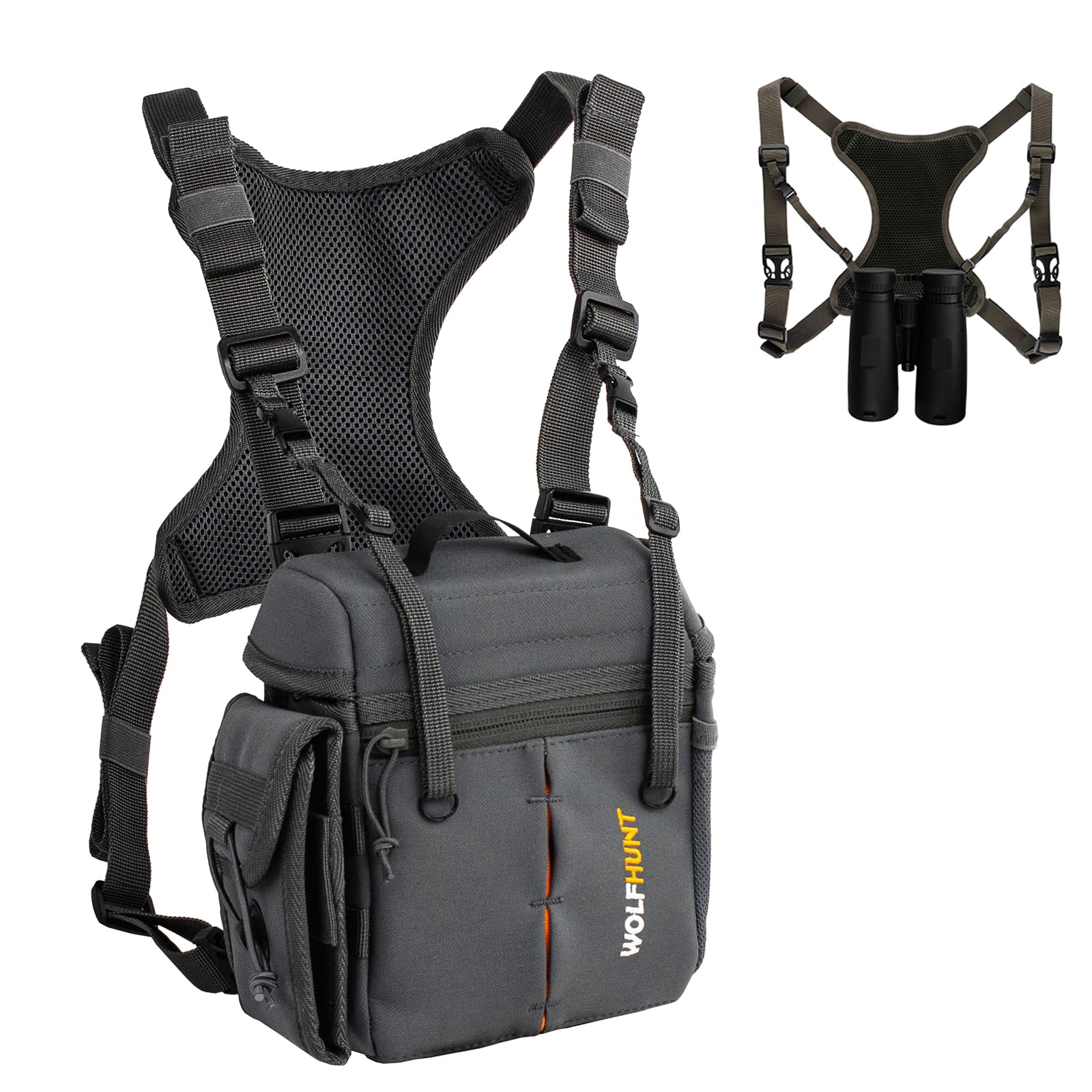 WOLFHUNT Binoculars Harness Chest Pack Magnetic - Binocular Chest Harness with Detachable Rangefinder Pouch, Camouflage Chest Rig Hunting Chest Pack