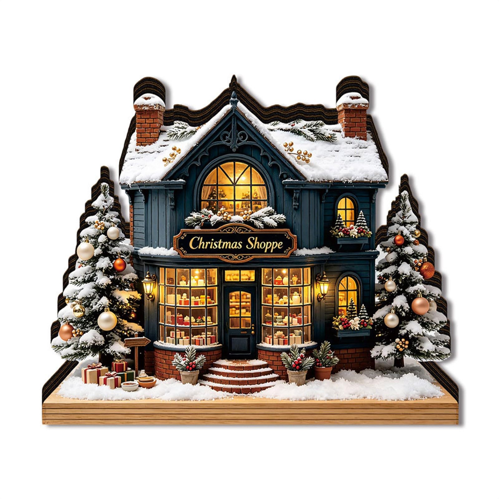 LED Lighted Wooden Christmas Village House, 4 Styles Winter Cottage Decor
