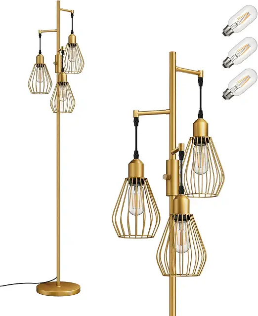 Gold Industrial Floor Lamp with Dimmable LED Bulbs - Vintage Style