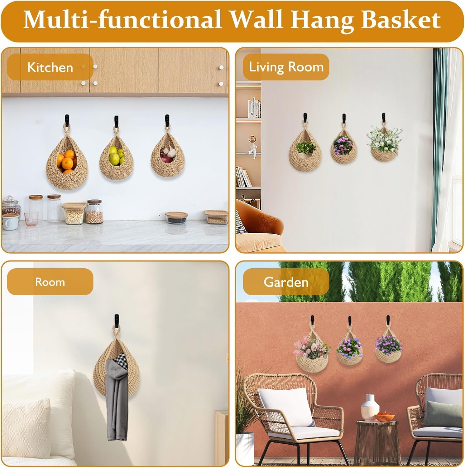Lot de 4 corbeilles à fruits à suspendre au mur pour fruits et légumes, corde de jute tissée, support de rangement mural à suspendre sur la porte, organiseur avec 8 crochets pour cuisine, chambre à