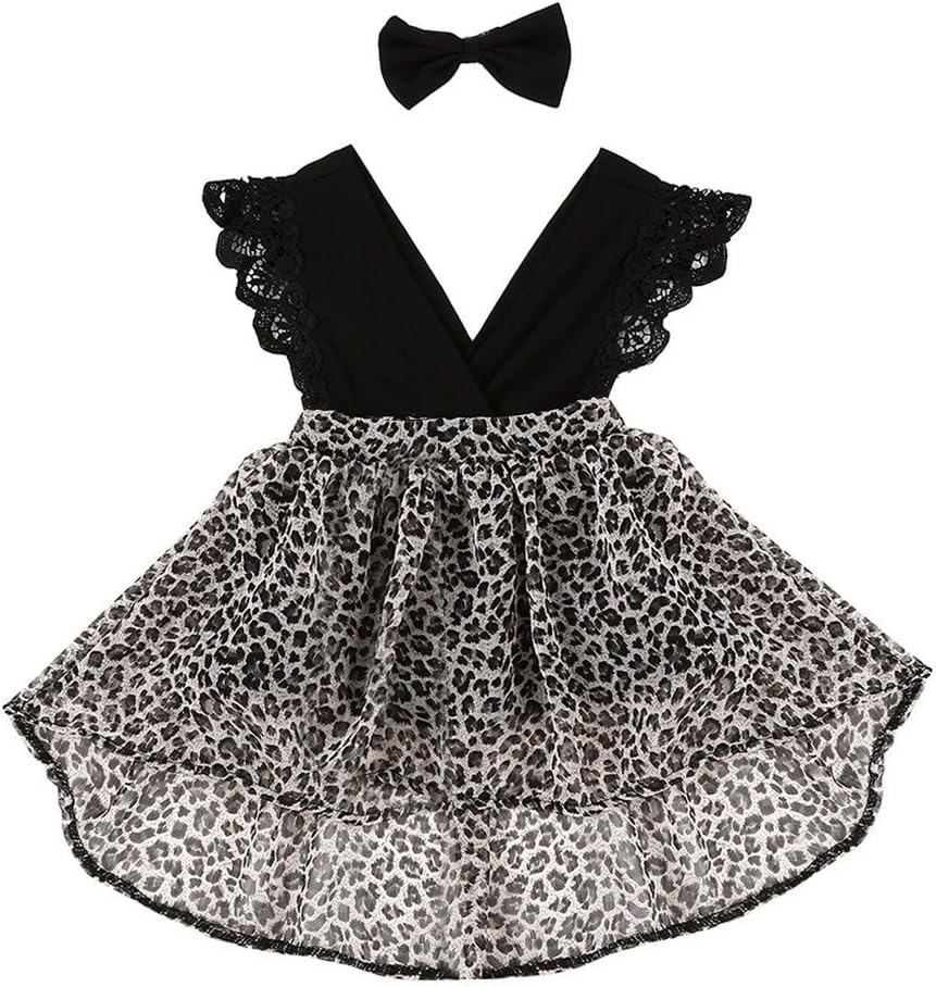 Baby Girls Party Princess Cute Lace Leopard Sleeveless Dress with Bowknot Headband 2pcs Outfits 18-24 Months Black