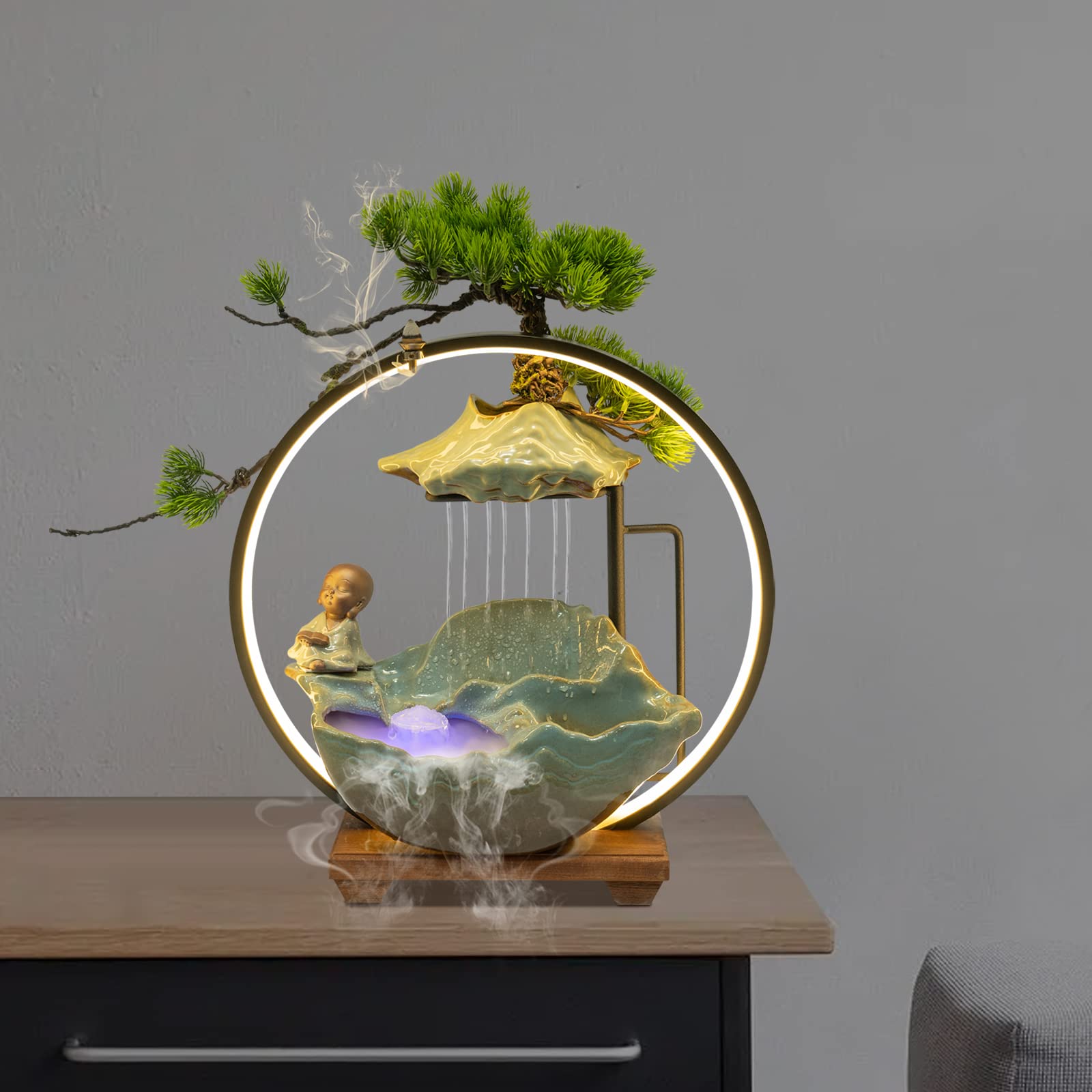 Tabletop Water Fountains Indoor Waterfall with LED Light, Mist Desk Fountain for Living Room, Bedroom, Entrance, Hallway, TV Cabinet