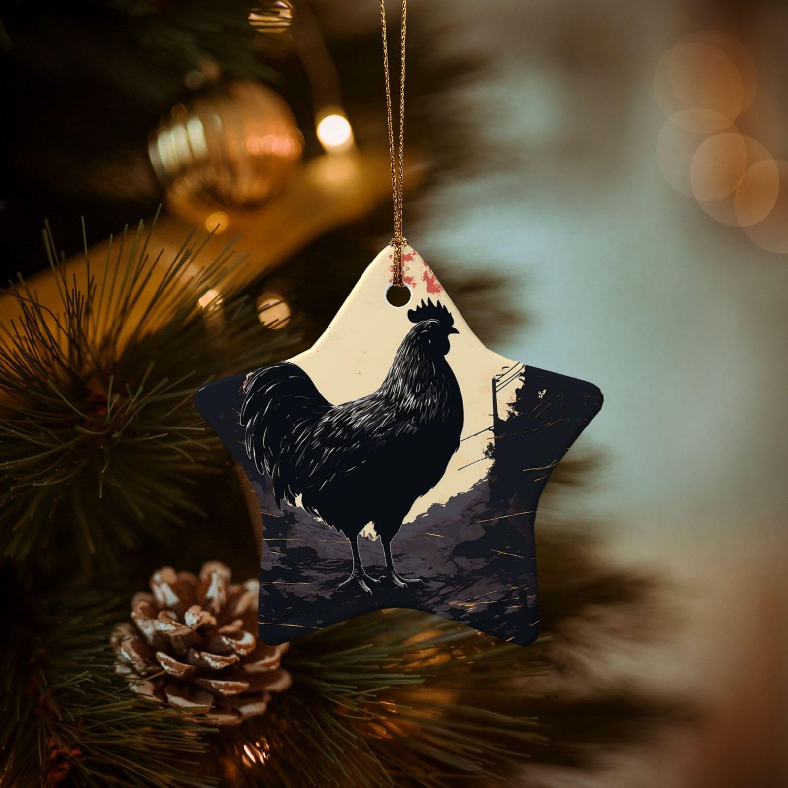 Christmas Tree Ornaments Ceramics Christmas Decorations Farmhouse Chicken Ornaments with Gold Ribbon Porcelain Xmas Tree Crafts Star Shape Hanging Pendant for Christmas Tree Party Decor
