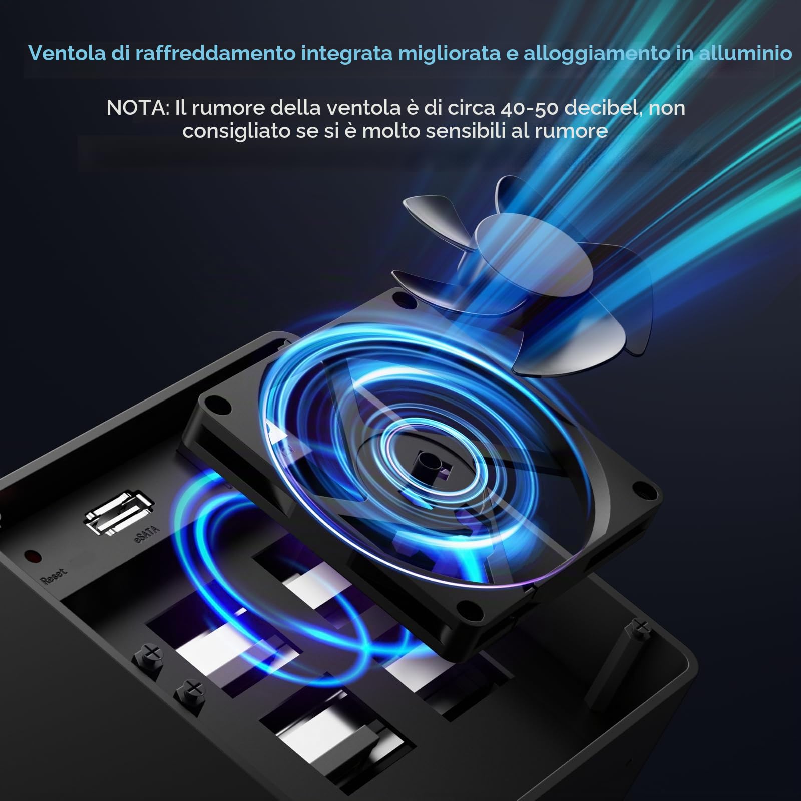 CENMATE Case Hard Disk 4 Bay con Ventola per 2,5/3,5” SATA HDD/SSD con Cavo USB A/C 3.0＋eSATA, Case HDD 3,5 Supporta 80TB di Capacità (NO RAID/NAS)