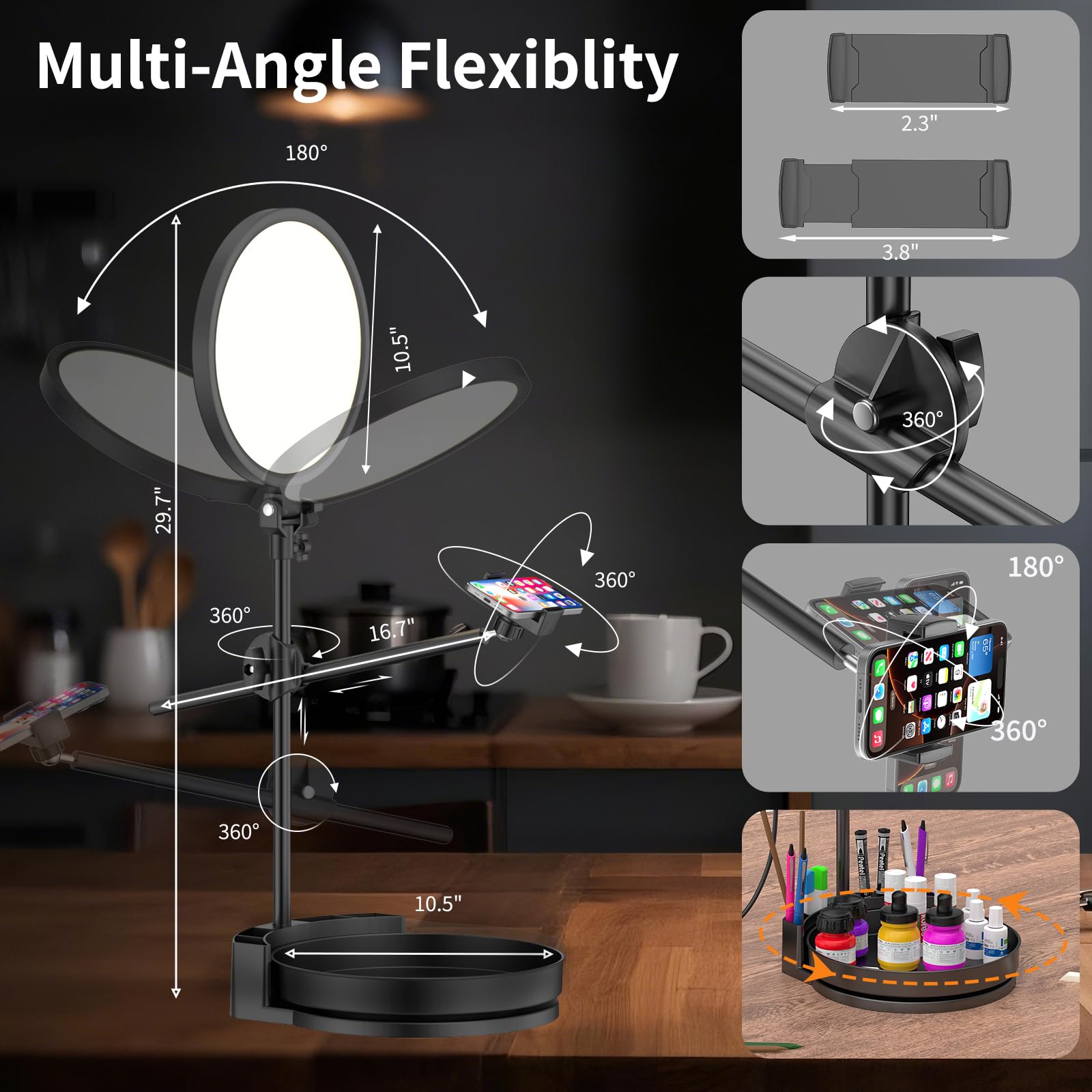Kit di luci per selfie per scrivania e laptop, 55 W, dimmerabile, luce ad anello a schermo intero, con scatola girevole, portapenne, supporto per telefono e controller (nero-GB, 10,5)