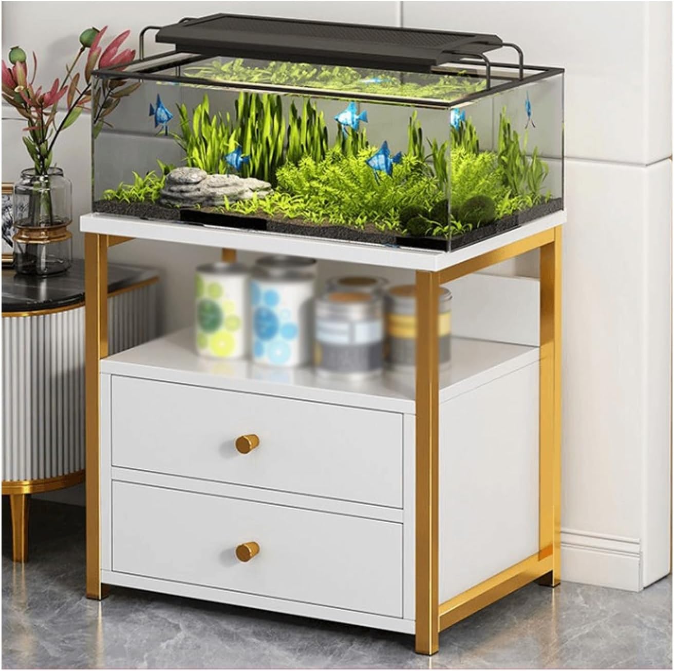 Aquarium Stand 20 Gallon Metal Aquarium Stand Table Fish Tank Rack With Shelf 2-Tier Reptile Tank Rack Double-Layer Storage Design For Living Room Office(White)