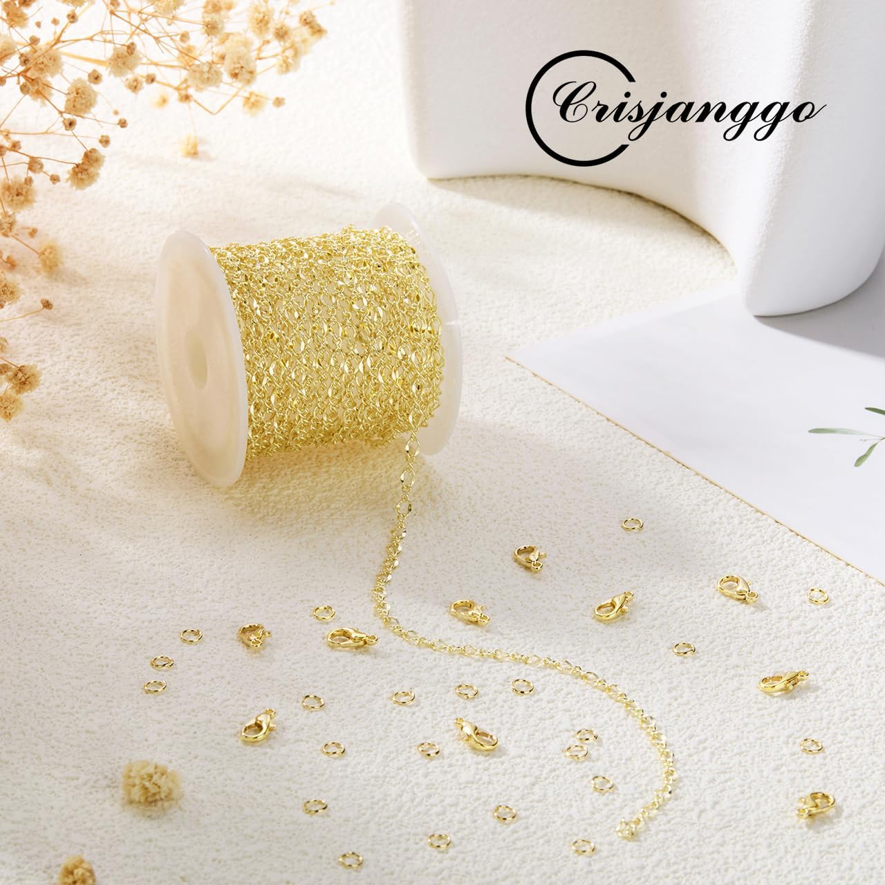 Crisjanggo 16 Feet Jewelry Making Chains 14K Gold Plated Brass Lip Chains for Women DIY Jewelry Making Supplies with Lobster Clasps and Jump Rings