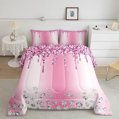 Castle Fairy Juego de edredón de diamantes geométricos, tamaño matrimonial, juego de ropa de cama con purpurina rosa para niñas, mujeres, adultos,