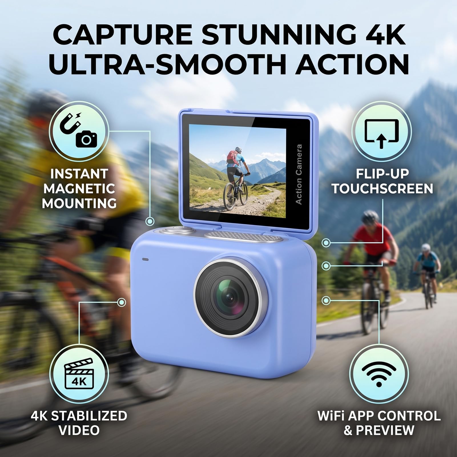Action Cam 4K con Foto da 48MP per Vlog, Corsa e Ciclismo — Mini Sports Cam Magnetica con WiFi e Touchscreen Ribaltabile da 2,0” per Riprese POV (BLUE)