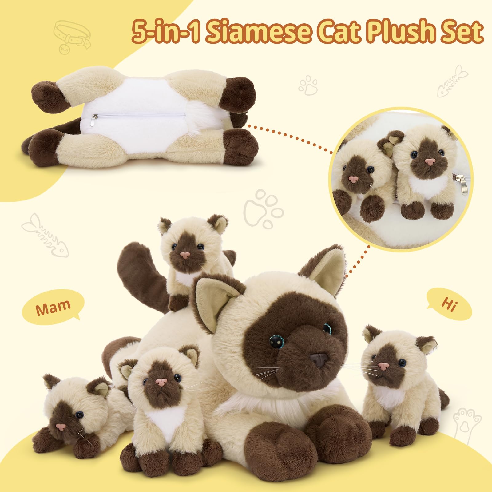 MorisMos Grande Siameso Gato Peluche Juguete Suave, 48cm Mamá Gato con 4 Bebé Acolchoso Dentro, Realista Siameso Animal Relleno Peluche Acolchoso, Kawaii Regalos para NiñOs CumpleañOs Fiesta Deco