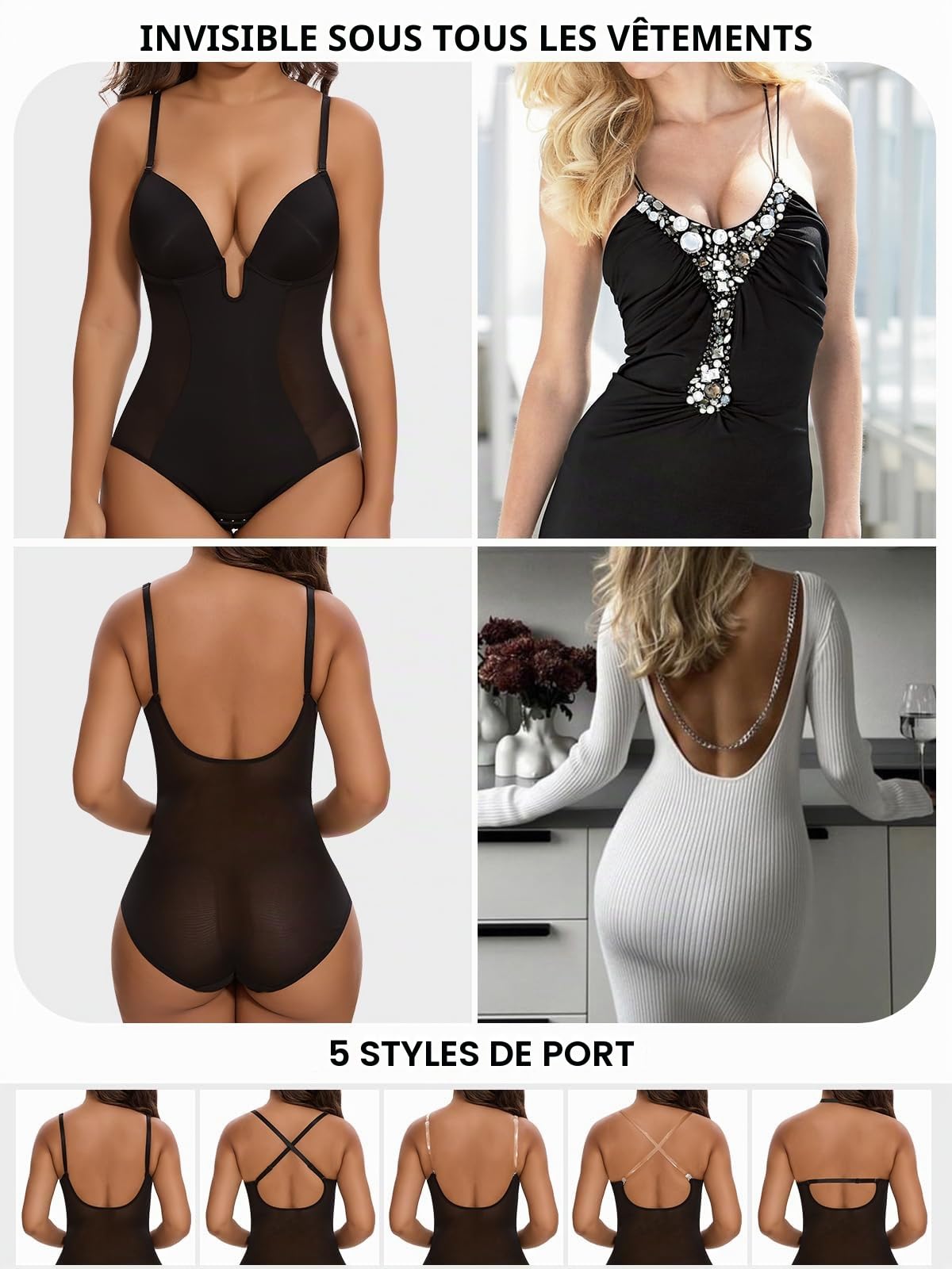 SHAPERIN Body Sculptant Femme Dos Nu Gaine Ventre Plat Amincissante Shapewear Body Push Up Gainant Invisible avec Soutien Gorge