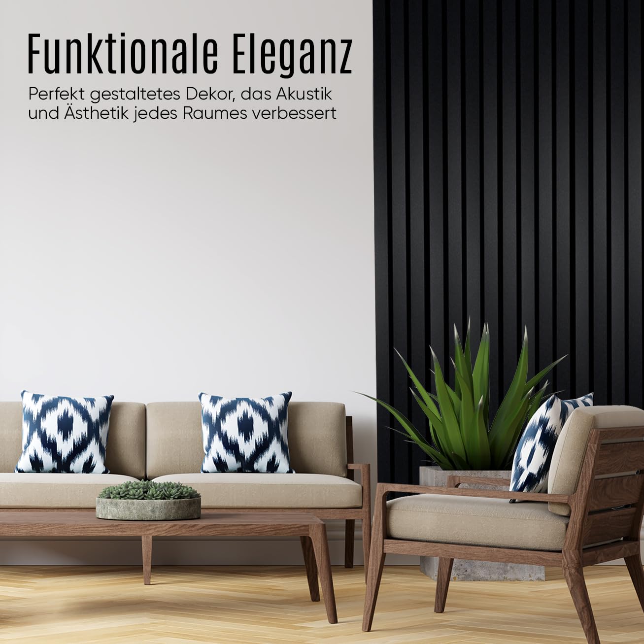 Akustikpaneele Holz, 2er Set, 120 x 60 cm, 1,44 m², Farbe: Schwarz