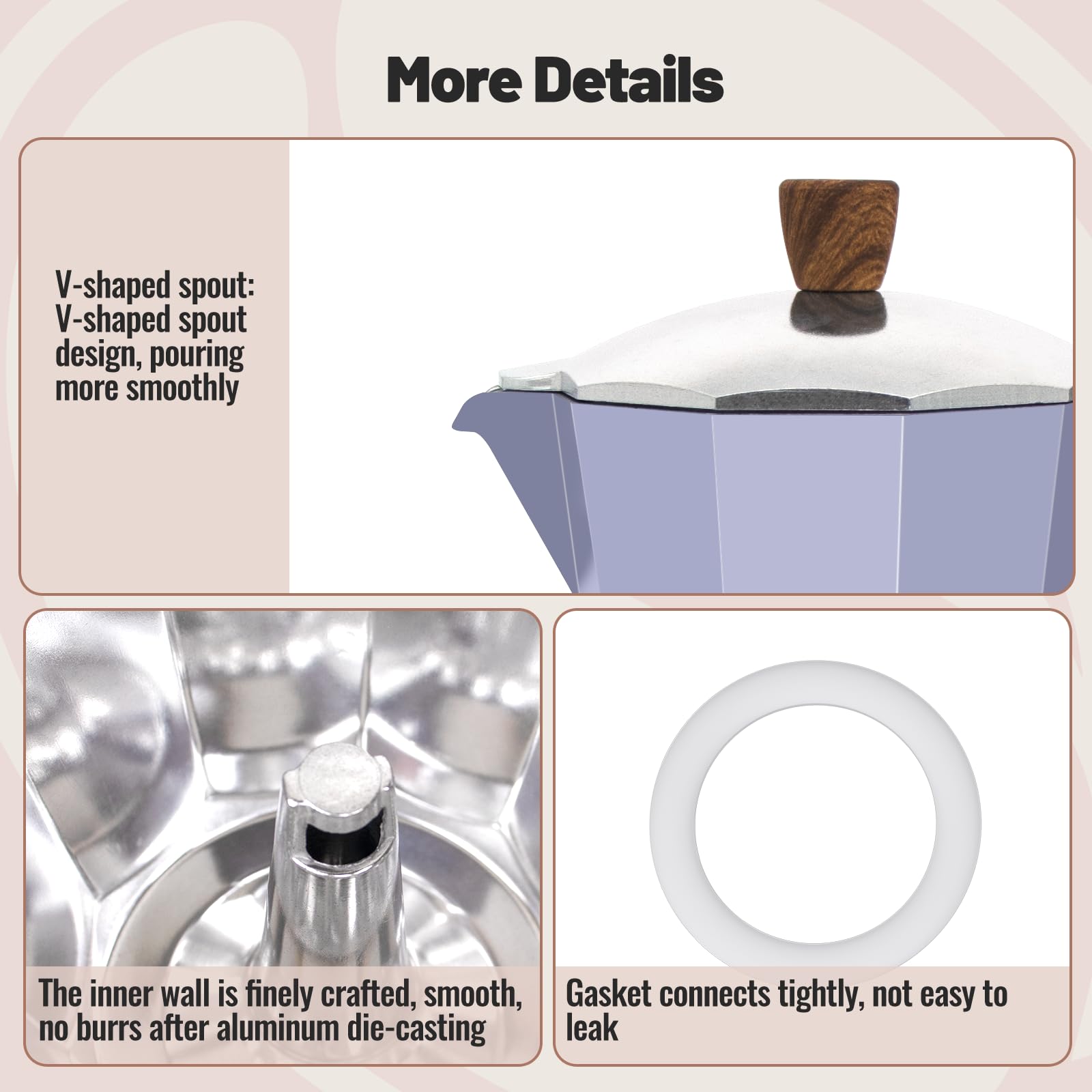 Cafetera moca clásica de aluminio para 3 tazas, 150 ml, cafetera, percoladora, cafetera Mocha Express, cafeteras preferidas para café italiano y cubano, color morado