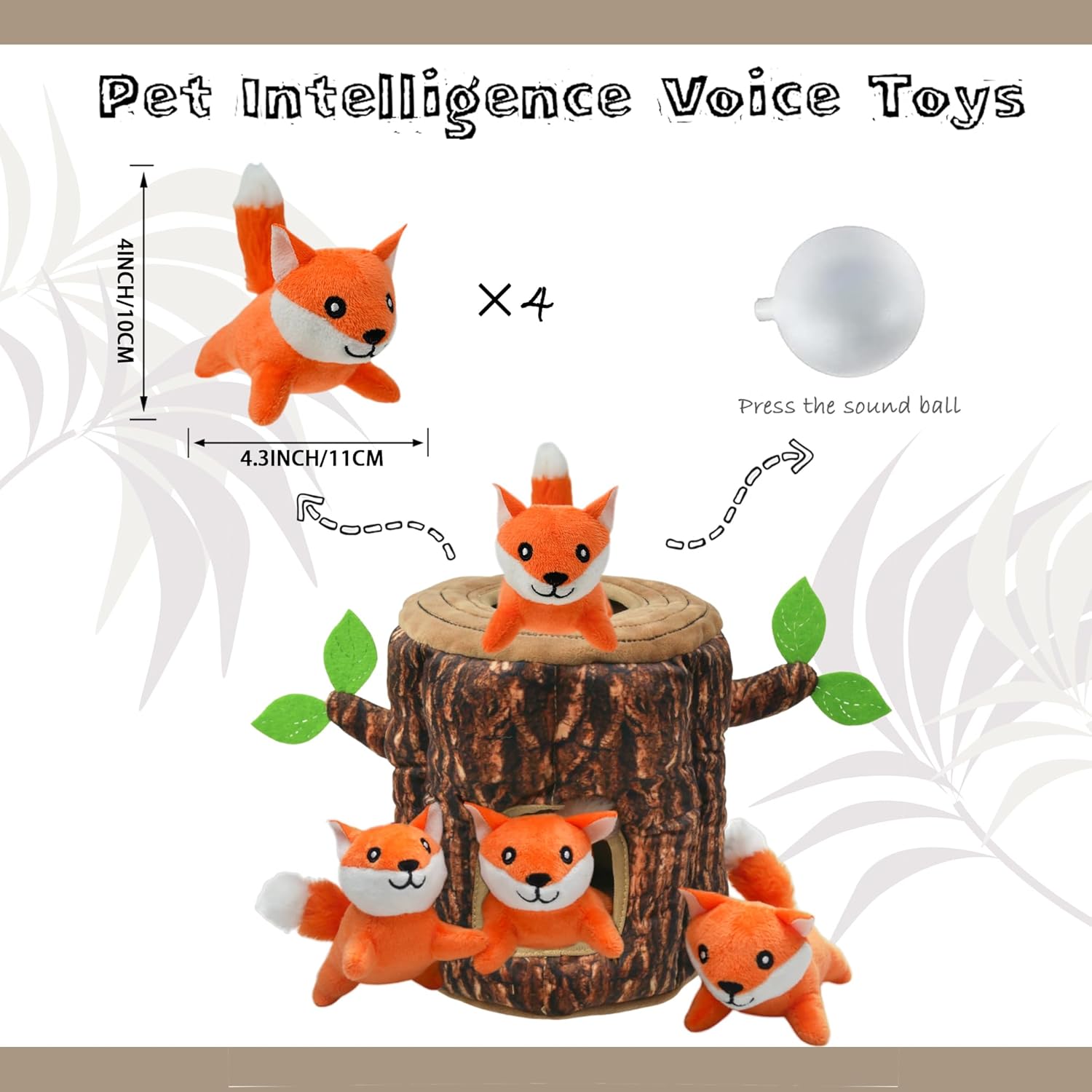 Hide and Seek Dog Toys Squeaky Fox Plush Toy with Crinkle Trunk, Interactive Dog Toy to Keep Them Busy Pet Teeth Clean Chew Toys for Small & Medium Dogs (Tree Trunk Hideout with 4 Fox)