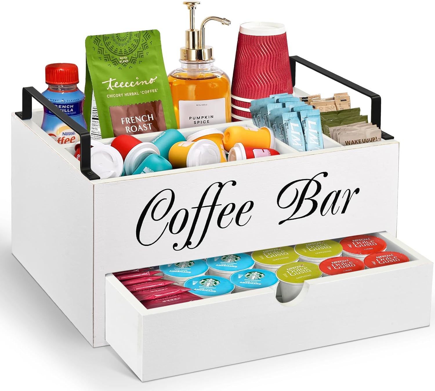 ugiftt Coffee Bar Accessories Organizer Countertop, Wood Station With Handle, K Cup Storage Basket Pod Holders With Drawer, Farmhouse Condiment Organizer for Bar Decor
