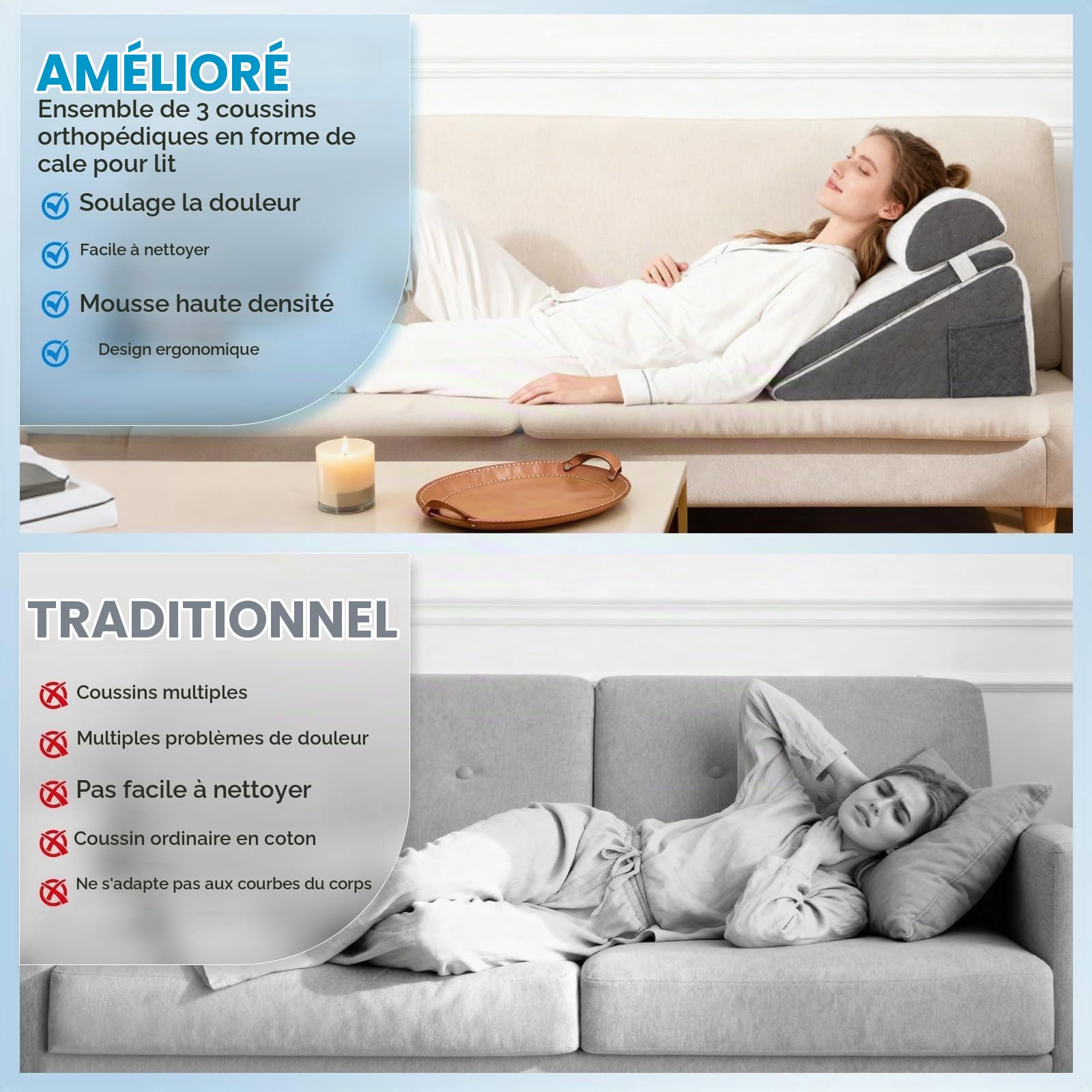 Oreiller orthopédique 3 en 1 pour l'apnée du sommeil avec oreiller réglable, oreillers compensés pour reflux acide, soulagement de la douleur, rongeur, élévation des jambes avec couverture