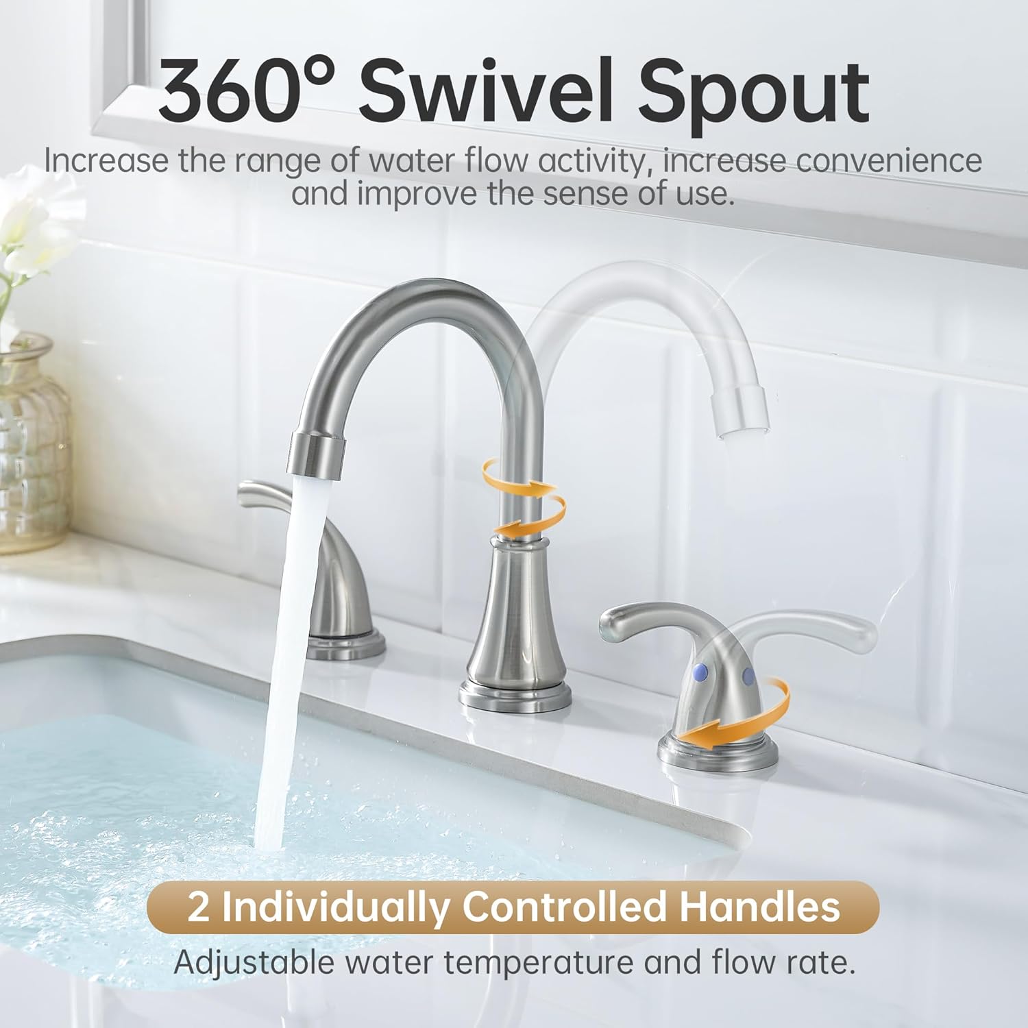 Bathroom Faucet 3 Holes, 8 Inch Widespread Faucet 2 Handle Bathroom Sink Faucets Lead-Free Brushed Nickel Bath Sink Faucets with Pop-up Drain Stopper and Supply Hoses