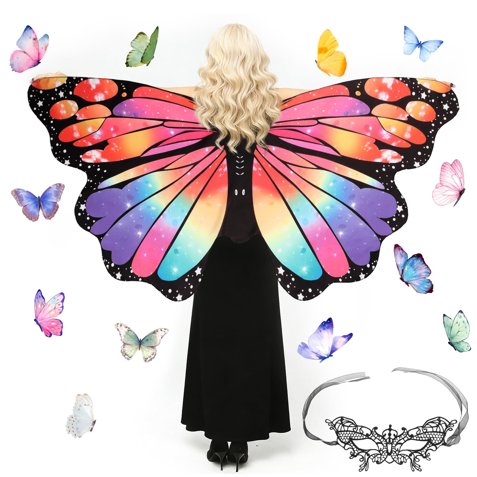 Plliocse 2 Pcs Womens Butterfly Wings with Mask, Adults Sparkling Sheer Fairy Wing Perfect for Easter Christmas Halloween Cosplay (Pinkish-purple Wings)