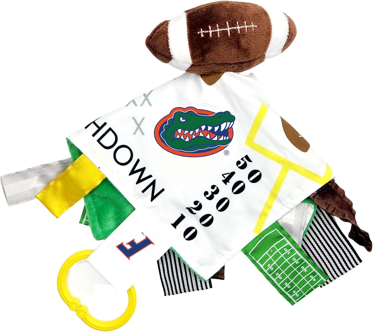 The Learning Lovey Florida University Gators Baby Football Tag Toy, College Sensory Crinkle Toys, Soft & Safe, Ideal Stroller, BPA-Free with Clip, 10" x 10"