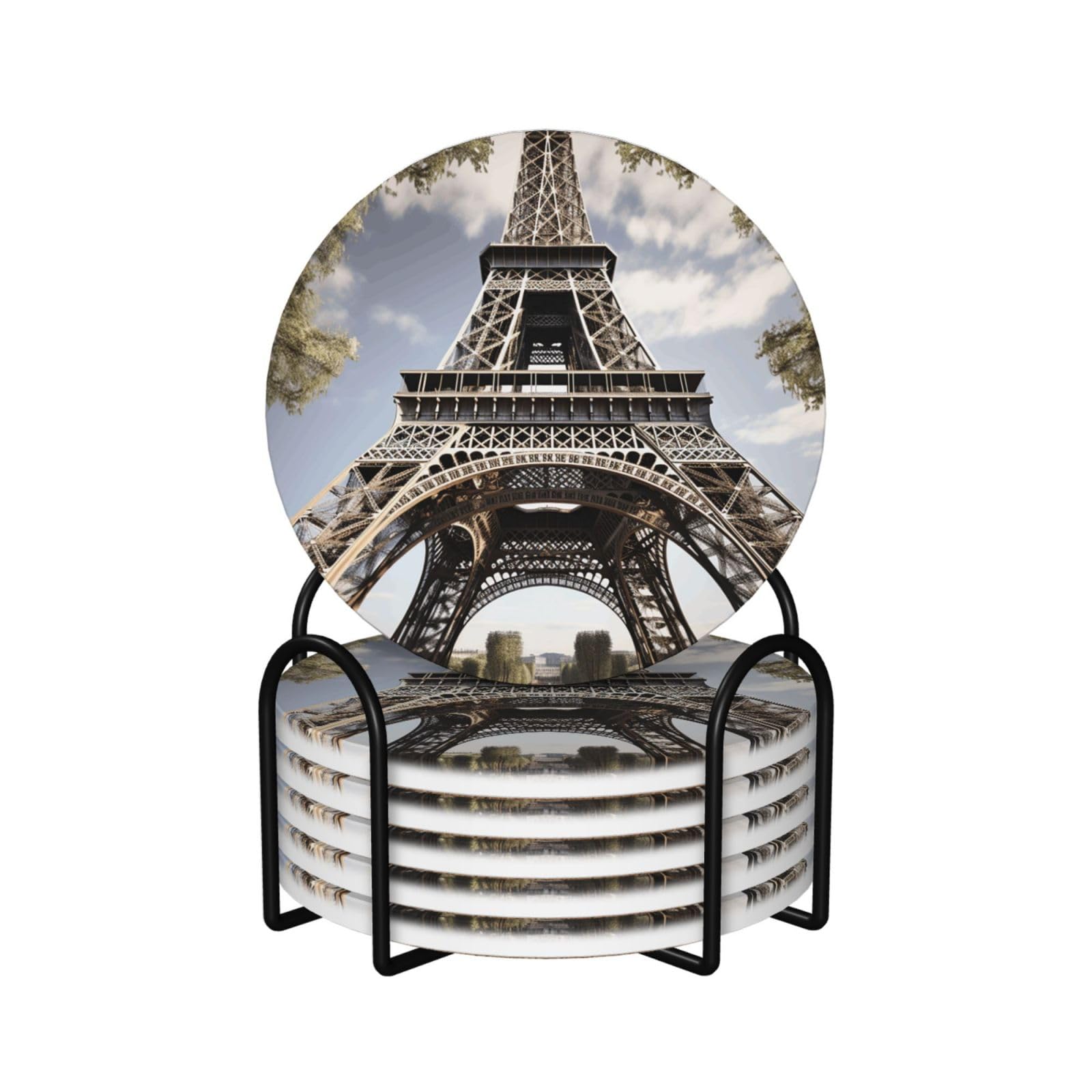 6Pcs Ceramics Coaster for Drinks, Eiffel Tower French Paris Monument Cup Coasters with Holder, Aesthetic Drink Coasters for Coffee Table, Absorbent Round Coaster for Tabletop Protection 4" Cup Mat Pad