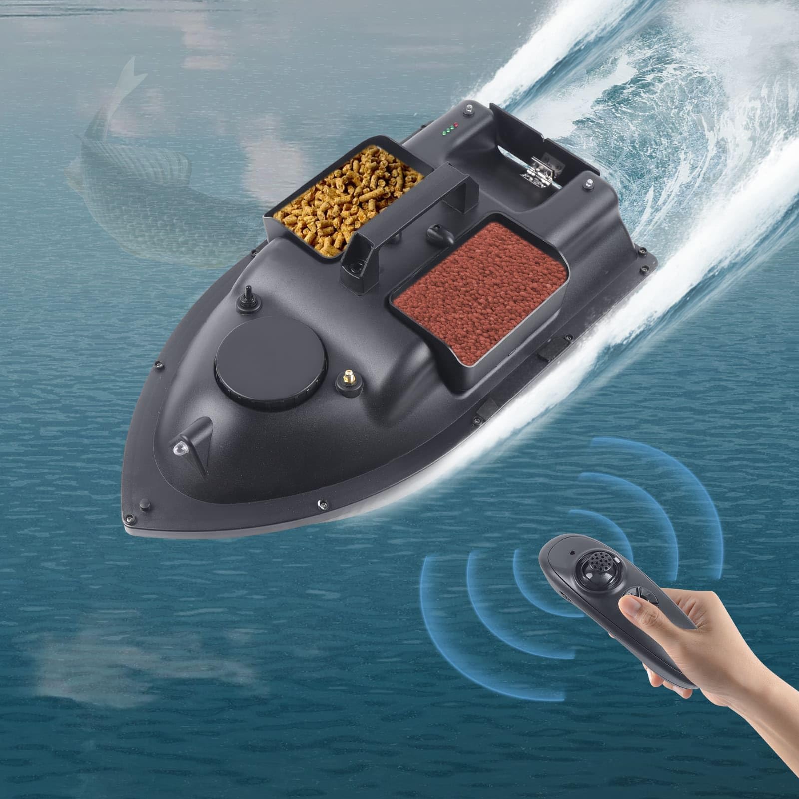Barca di esche, Barca di avviatore telecomandato 500 m, 3 contenitori di esche, carico 2 kg, crociera automatica, batteria 5200 mAh, ideale per pesca in fiumi e laghi (nero)