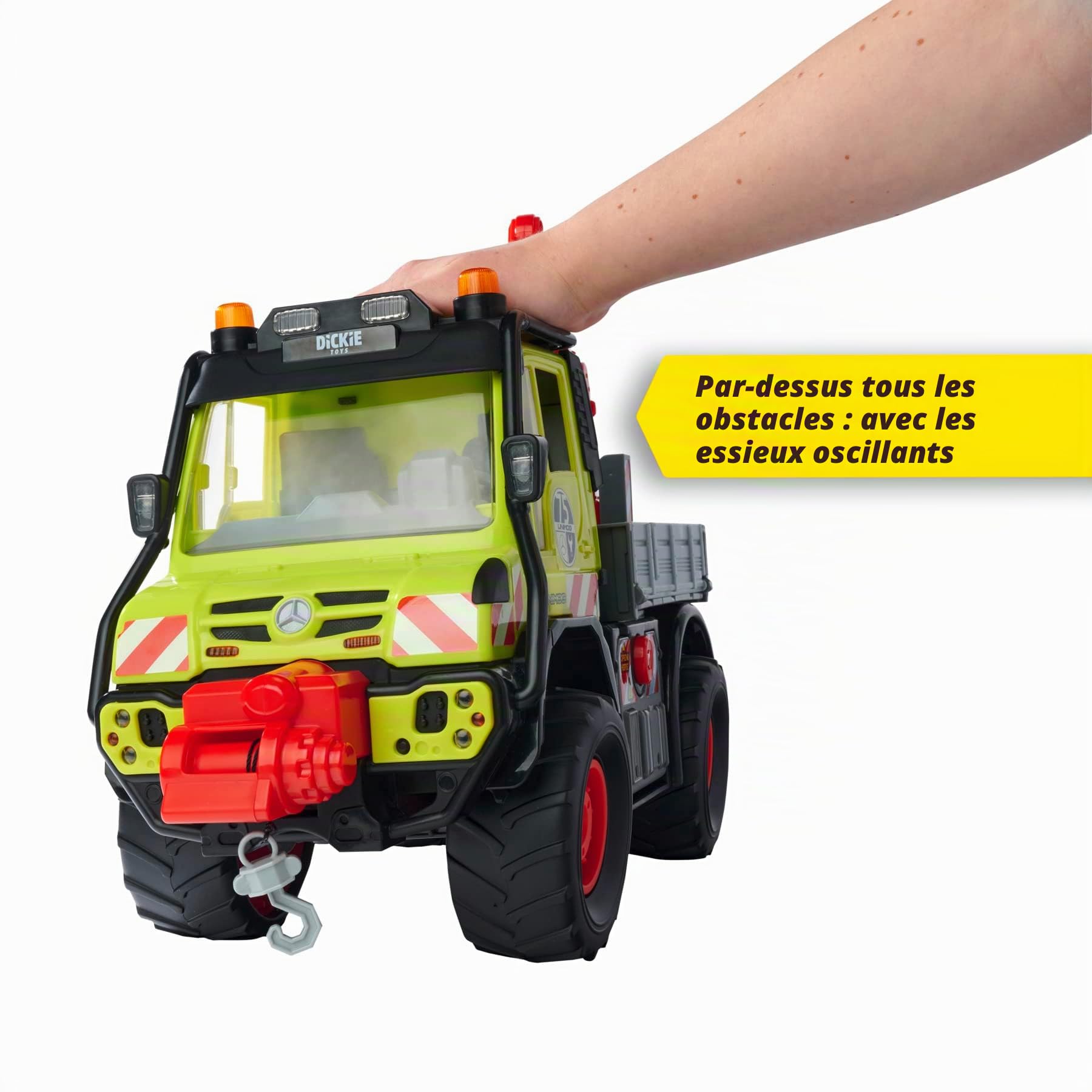 Dickie Toys - Unimog - Transporteur en Bois - avec treuil électrique et Bras de Grue avec Commande Joystick - avec Son et lumière - pour Enfants à partir de 3 Ans - Multicolore