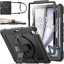 SEYMAC stock Coque pour iPad Air 13 Pouces (M3/M2) 2025/2024, Coque Antichoc avec Protecteur D'écran, Support Rotatif à 360°/Dragonne, Porte-Stylet et Bandoulière pour iPad Air 13, Noir