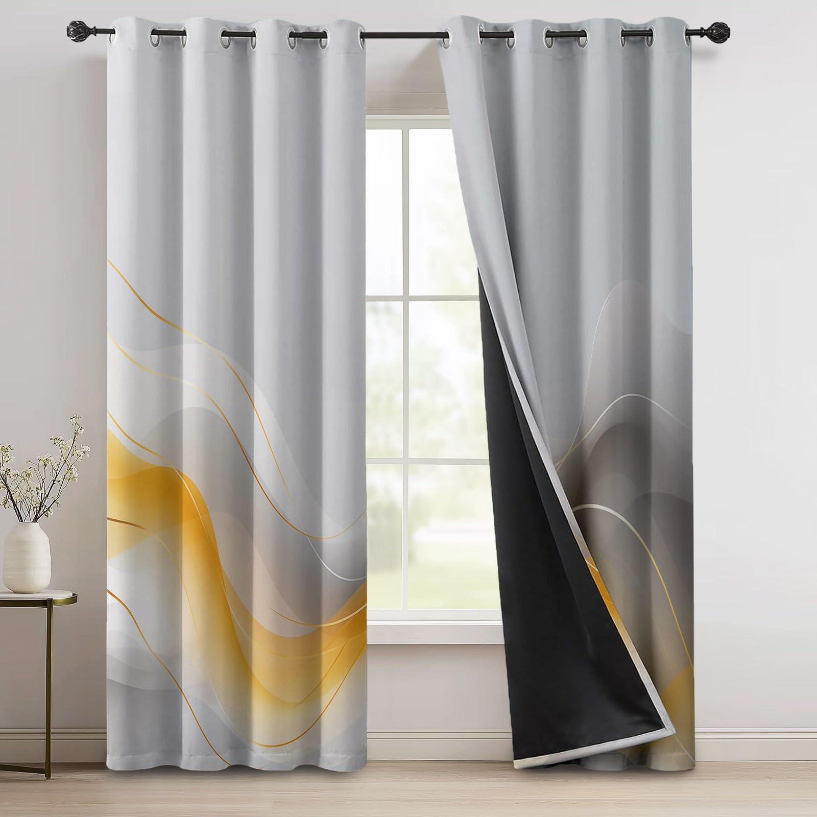 Rideaux Isolants 110L X 215H cm (2 Panneaux), Design Géométrie Simple Ondes Tenture Opaque Anti-Chaleur pour Chambre Principale, Gris Jaune