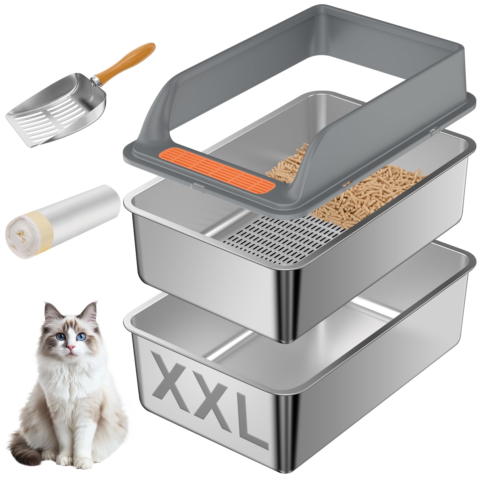 Cat Litter Box Stainless Steel XXL Stainless Steel Sifting Litter
