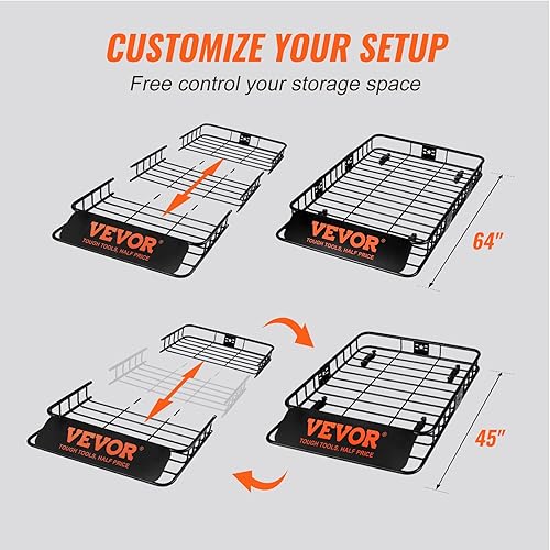 Miniatura 4 de VEVOR Cesta de carga para portaequipajes de techo de 64 x 39 x 6 pulgadas con extensión, cesta universal de acero resistente de 200 libras de