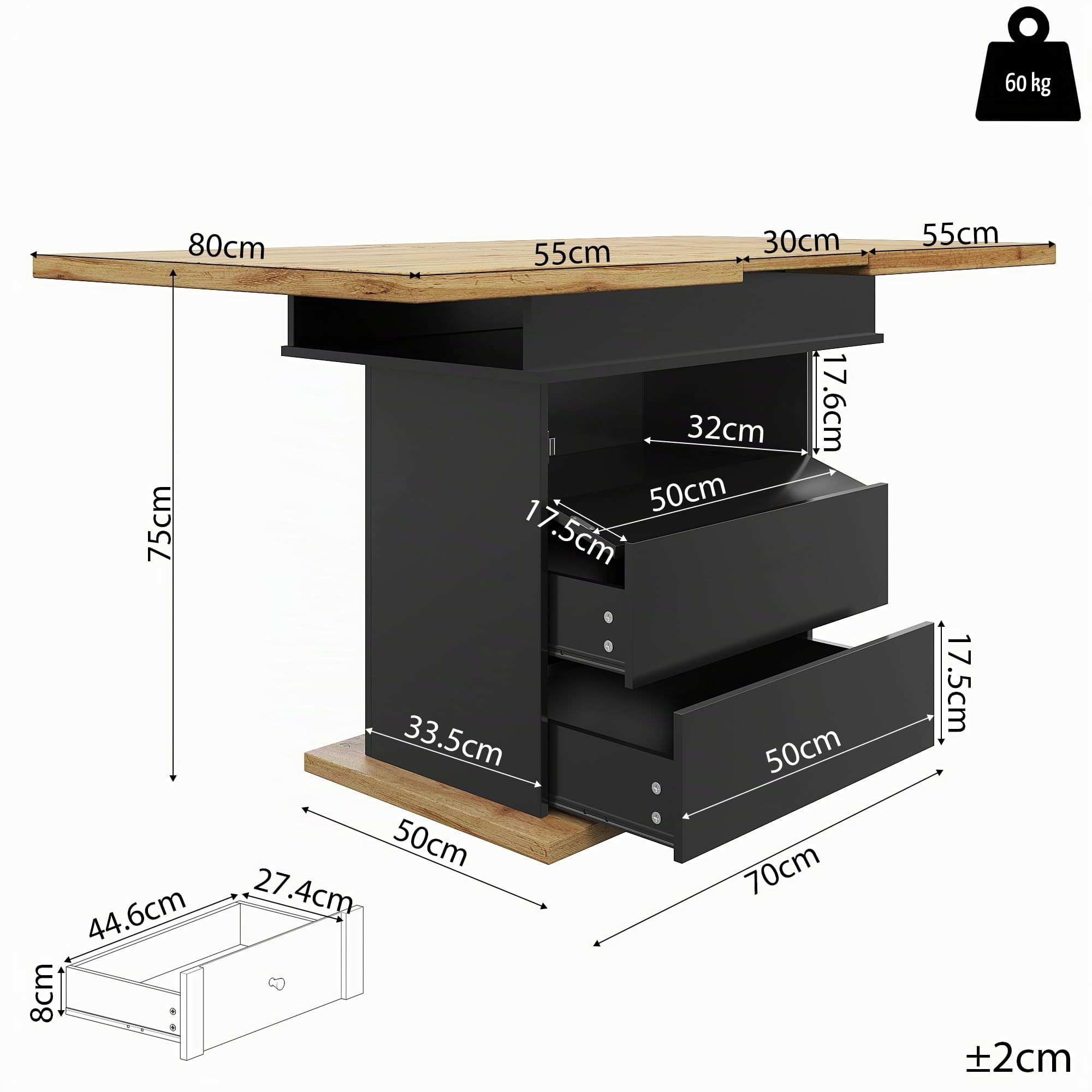 Moimhear Tavolo da pranzo telescopico (110-140x80x75cm), tavolo da cucina pieghevole, tavolo da pranzo allungabile, per cucina, con tre ripiani (stile 1, nero+legno)