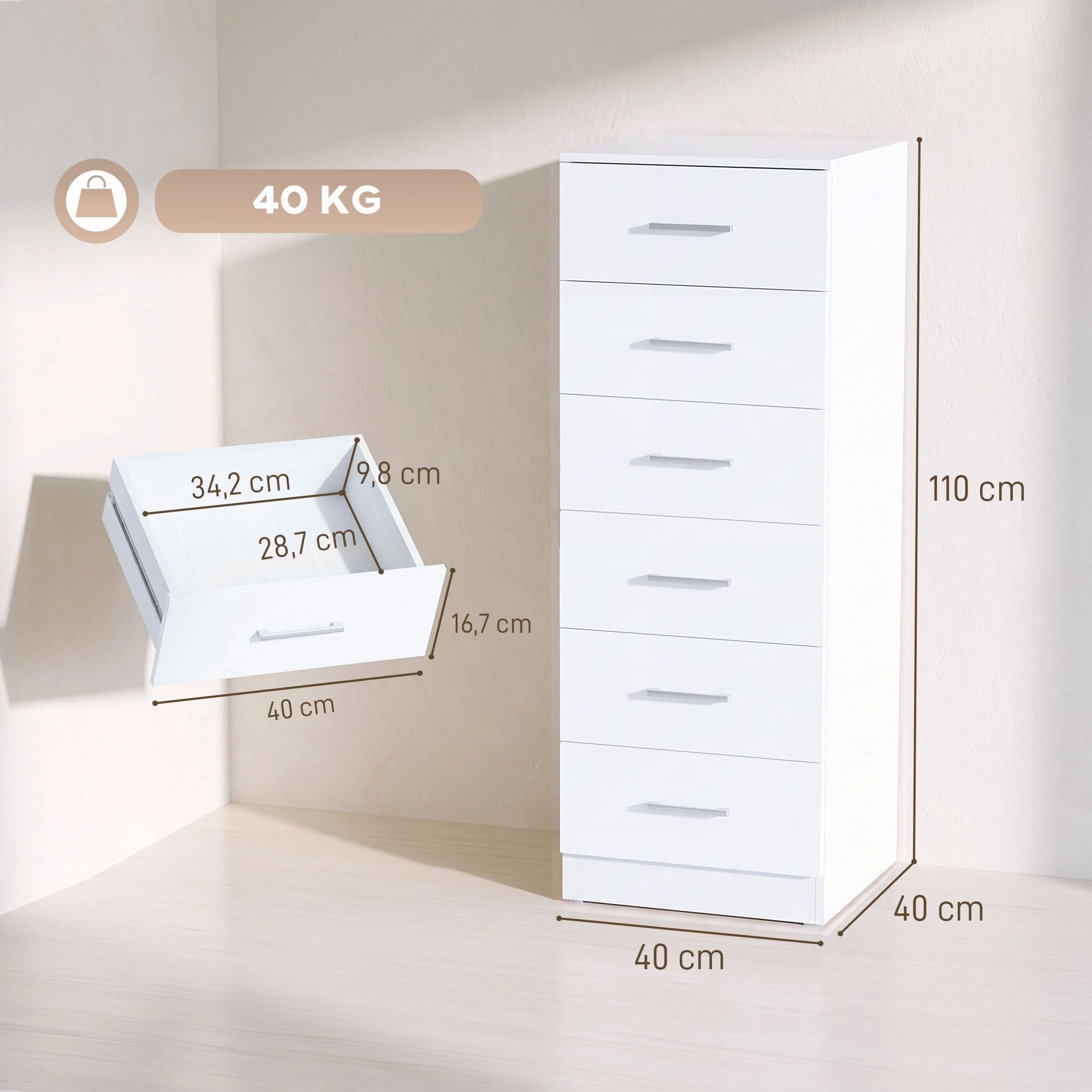 HOMCOM Komoda z 6 szufladami, do sypialni, 40 x 40 x 110 cm, biała